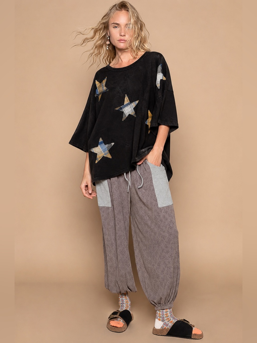 ODDY Shortsleeve Oversized Patchwork Stars T-Shirt Pieces Boho Hippie Black POL